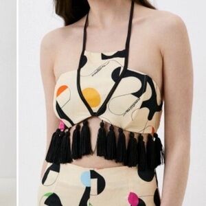 Nocturne Cream and Black Fringe Tassel Halter Crop Top